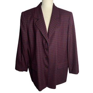 Vintage Worsted Wool Blazer Jacket XL Purple Plaid Shoulder Pads Buttons Pockets